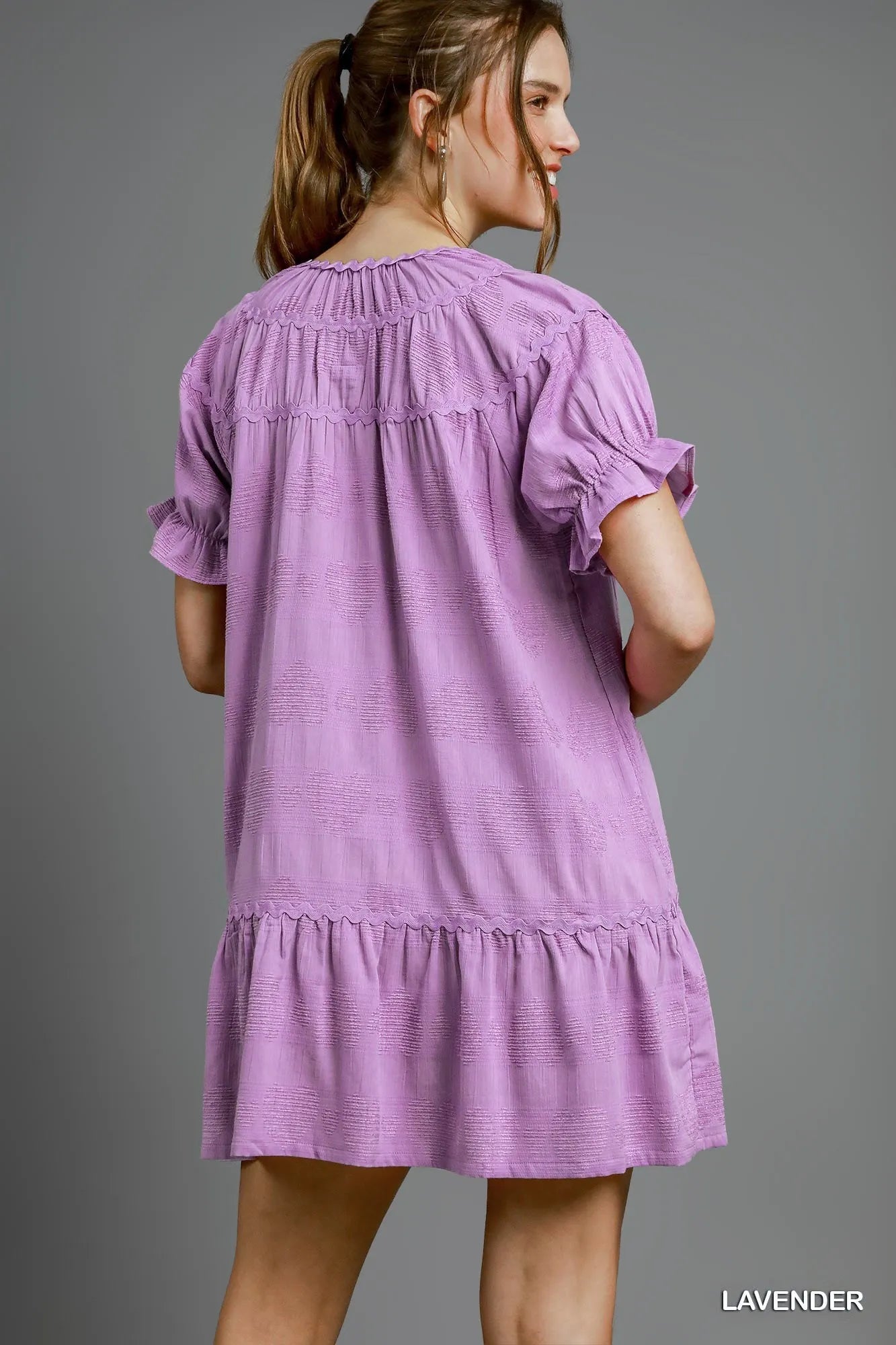 Umgee Heart Pattern Short Sleeve Ruffle Babydoll Dress - Alwesbo Fashion