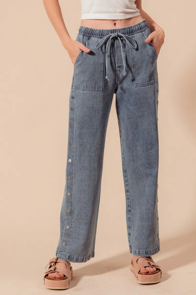 SO ME Mid Rise Drawstring Jeans with Side Snap Button - Alwesbo Fashion