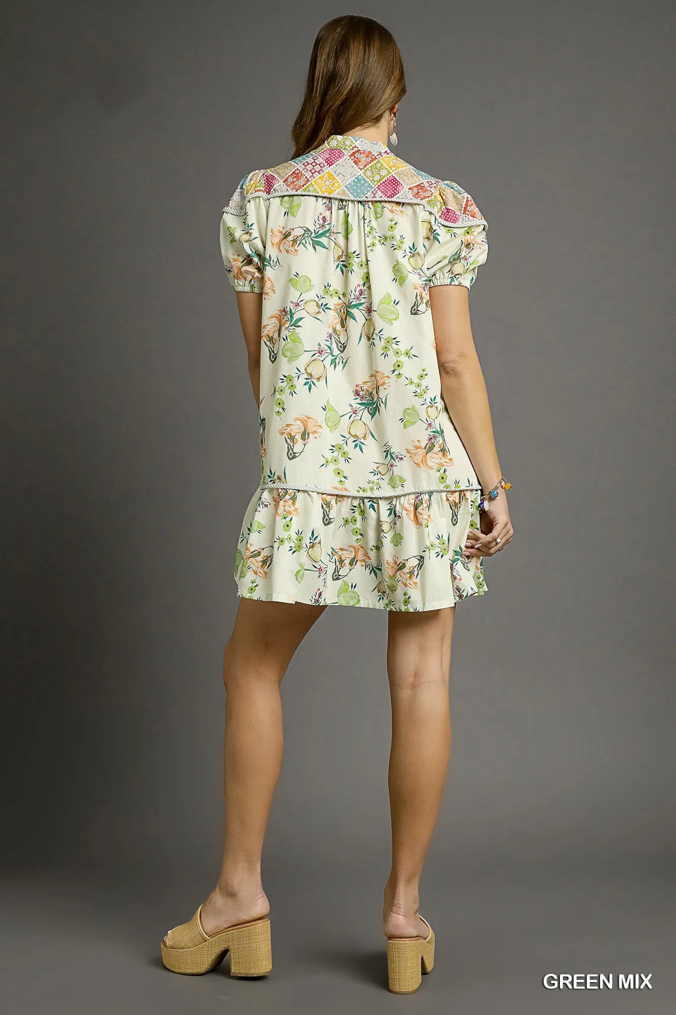 Floral Print Dress with Tie Neck and Puff Sleeves - Alwesbo Fashion