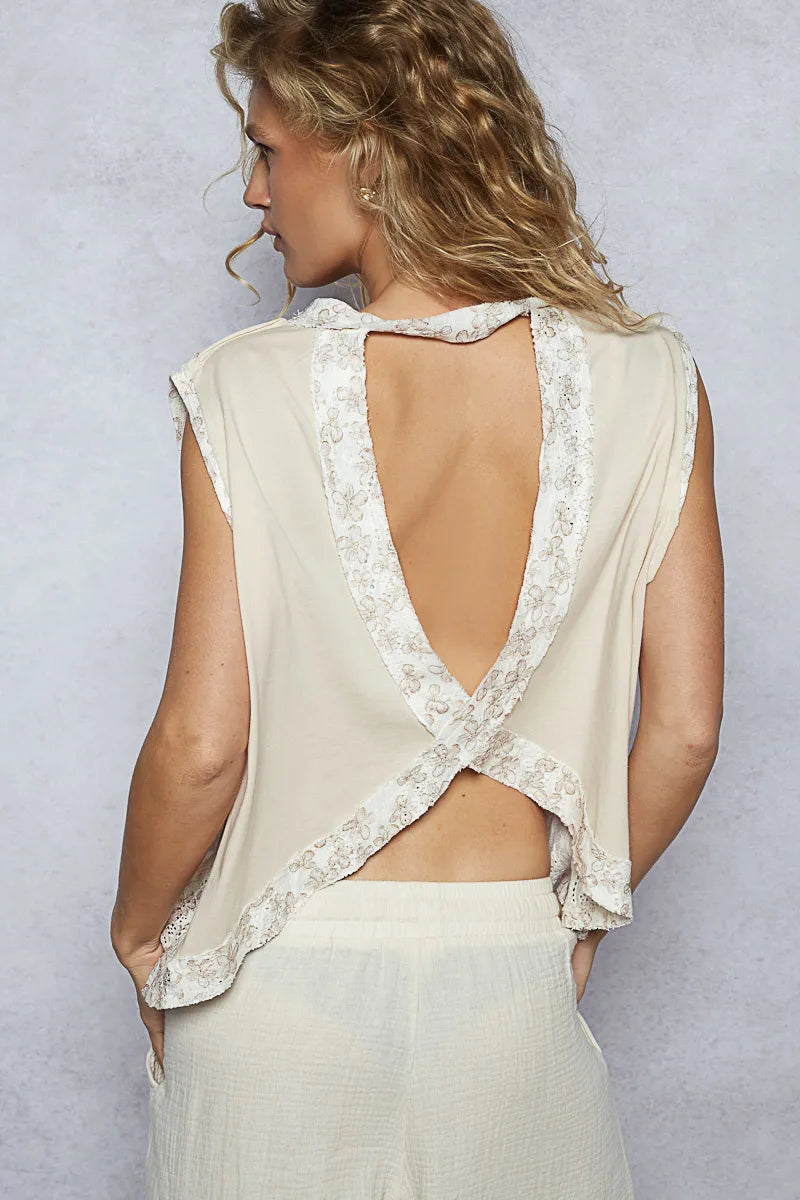 Sleeveless Round Neck Top with Floral Contrast Detail - Alwesbo Fashion