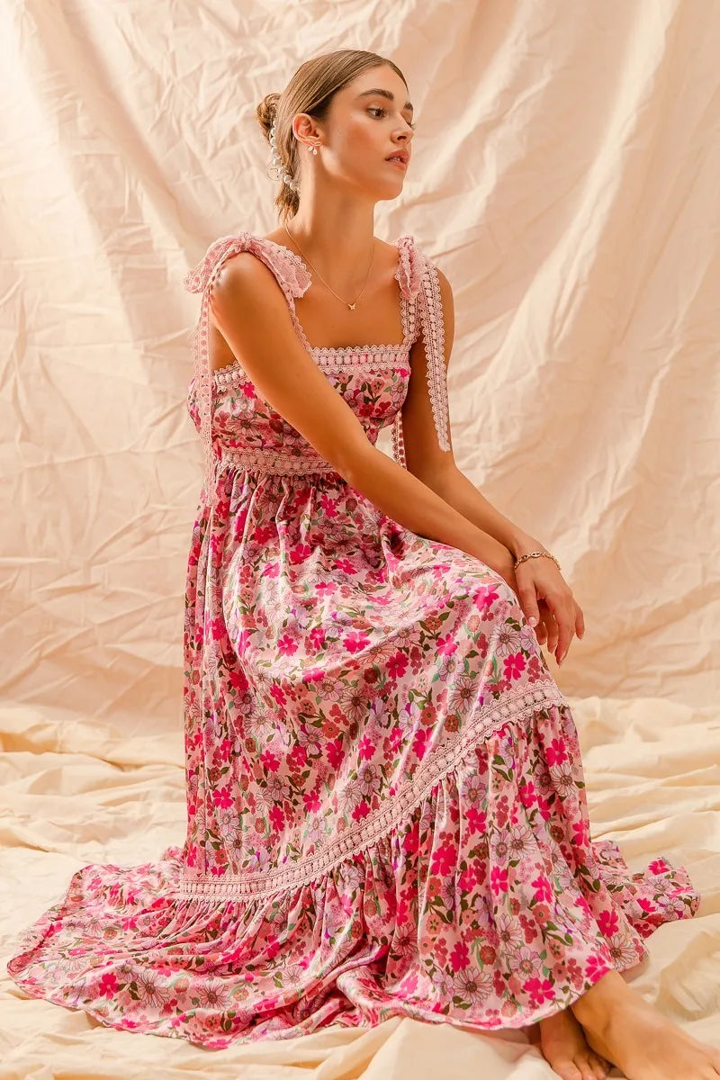 Floral Maxi Dress with Ribbon Tie and Lace Straps - Alwesbo Fashion