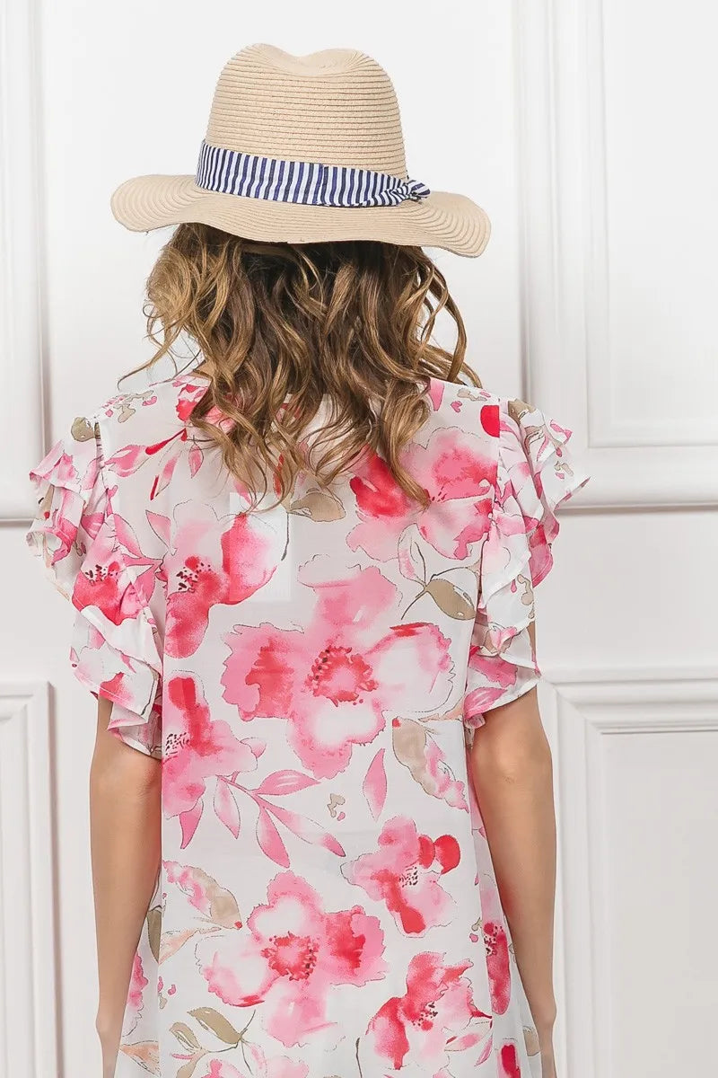 Floral Print Sheer Top with Flutter Sleeves - Alwesbo Fashion