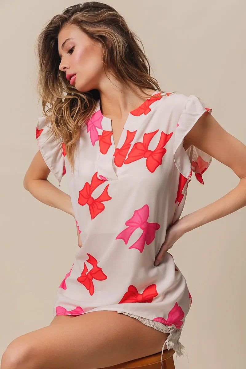 Bow Print Woven Top with Ruffled Sleeves and V Neck - Alwesbo Fashion