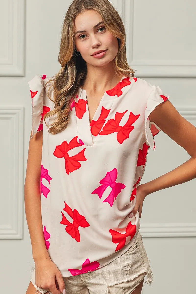 Bow Print Woven Top with Ruffled Sleeves and V Neck - Alwesbo Fashion