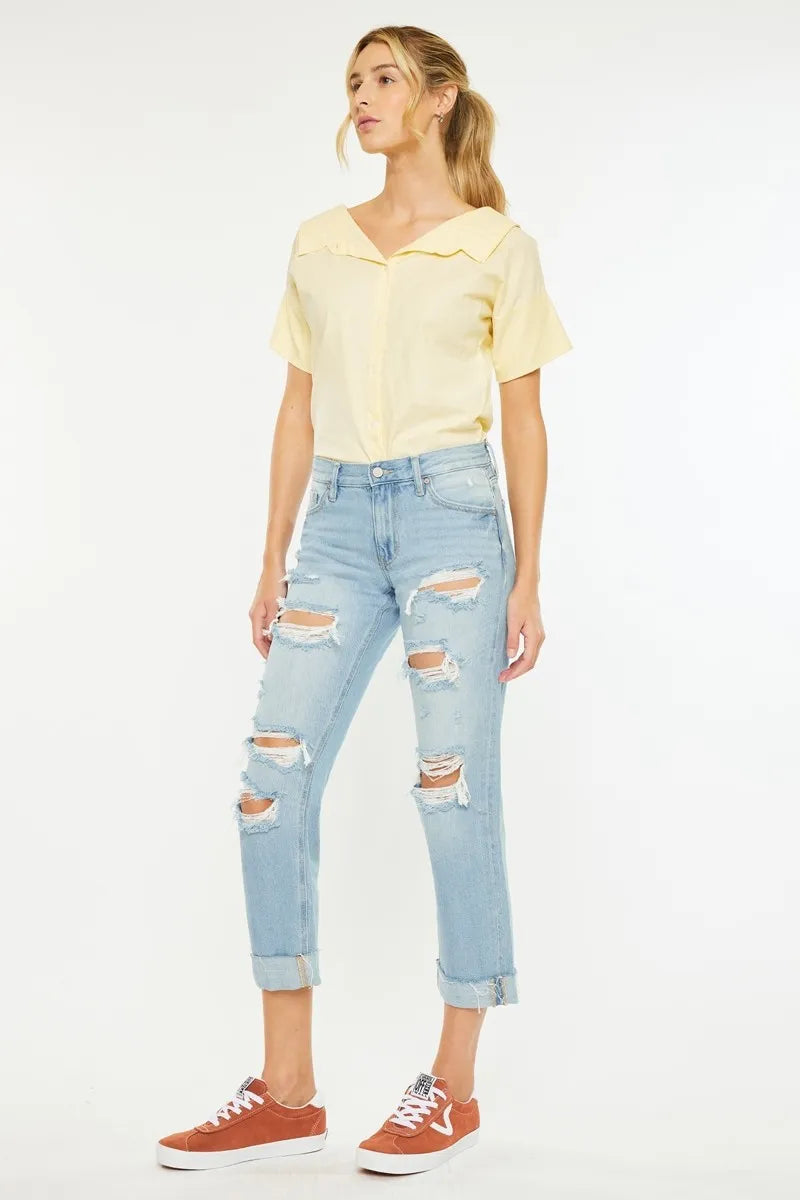 Kancan Mid Rise Distressed Boyfriend Jeans - Alwesbo Fashion