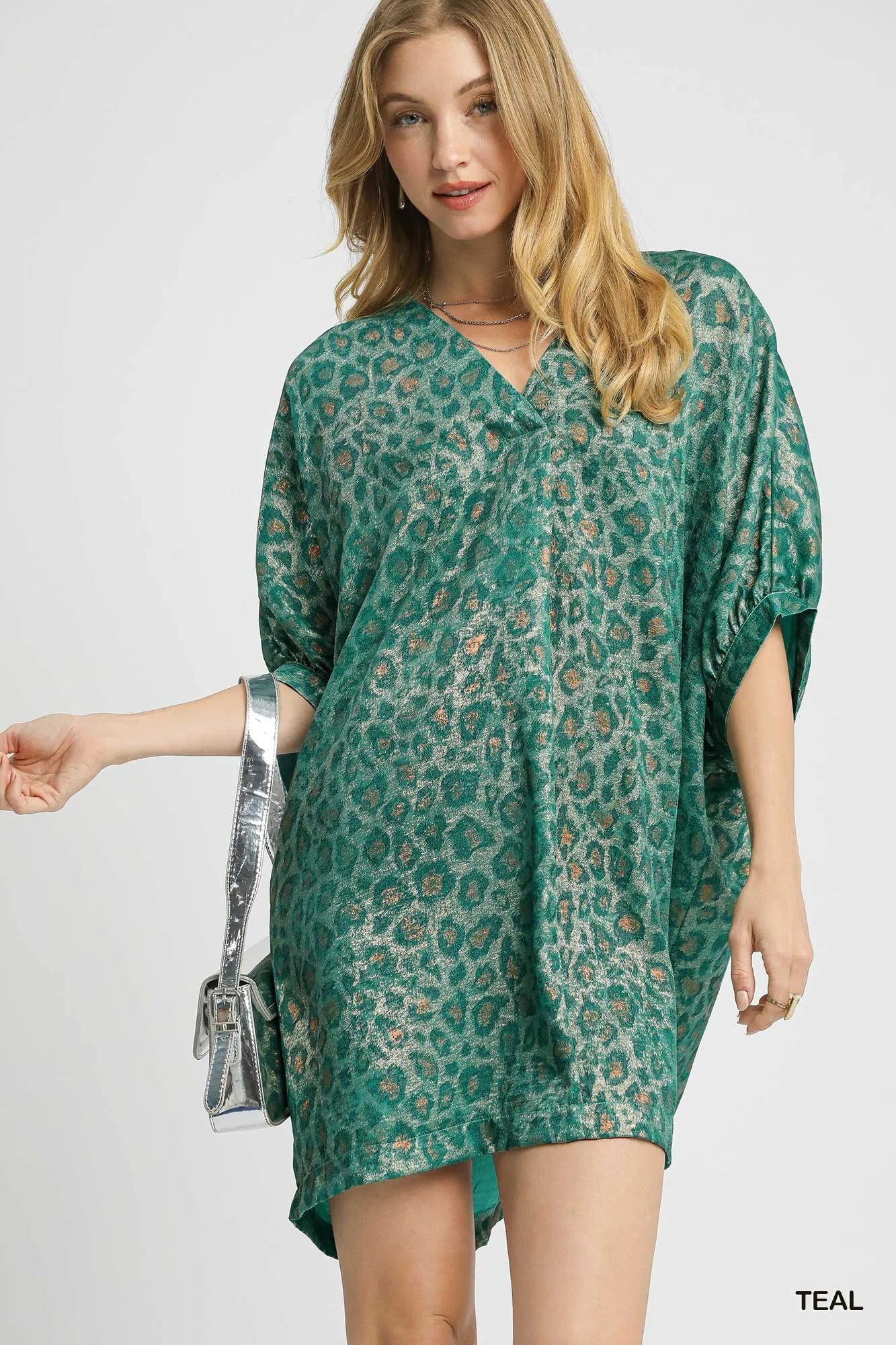 Umgee Metallic Leopard Print V-Neck Kimono Dress - Alwesbo Fashion