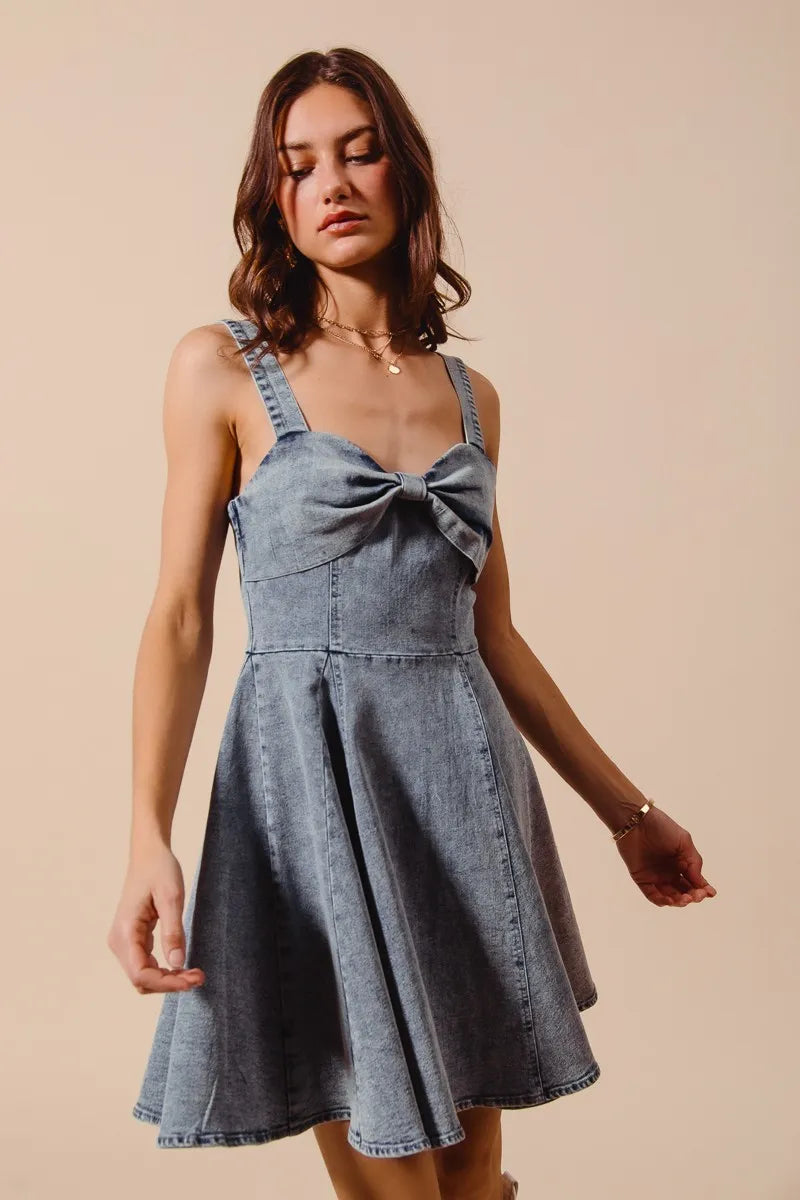 Mineral Washed Denim Flare Dress with Bow Ribbon Detail - Alwesbo Fashion