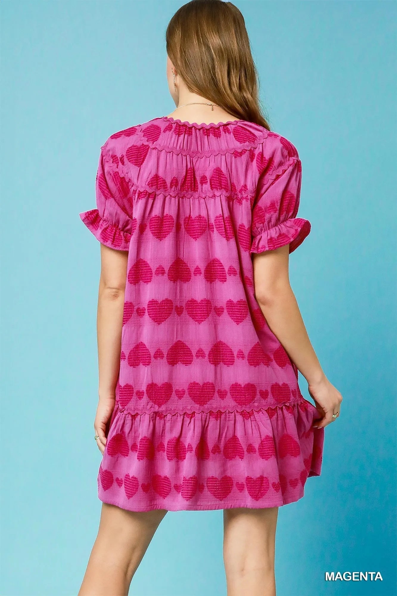 Umgee Heart Pattern Short Sleeve Ruffle Babydoll Dress - Alwesbo Fashion