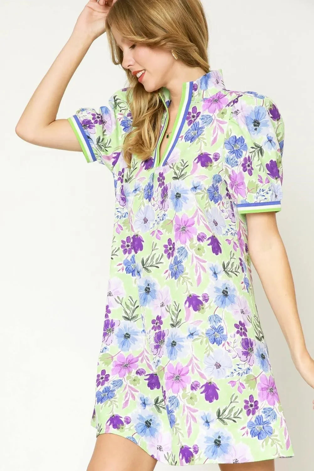 Umgee Floral Print Short Puff Sleeve Mini Dress / Light Green - Alwesbo Fashion