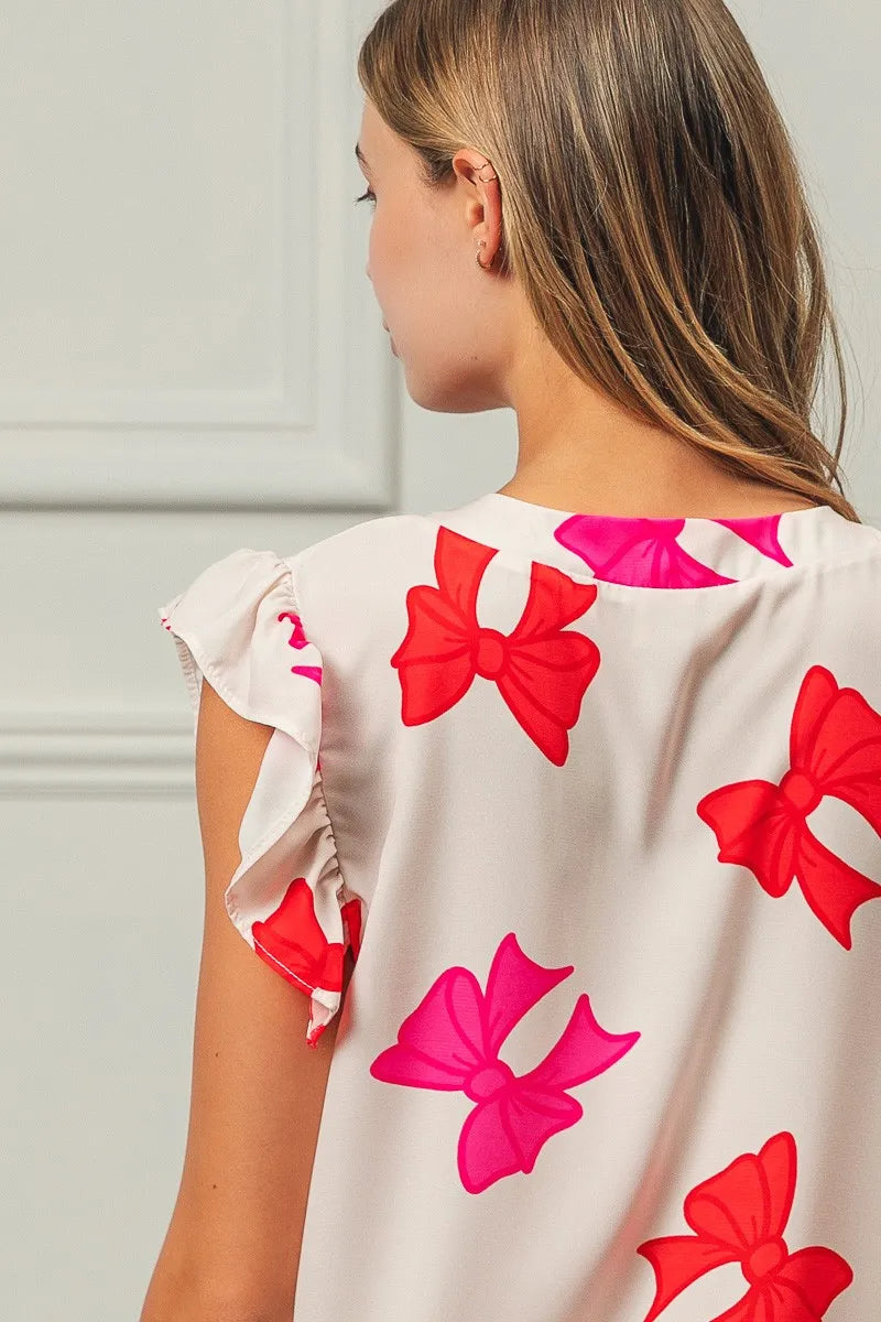 Bow Print Woven Top with Ruffled Sleeves and V Neck - Alwesbo Fashion