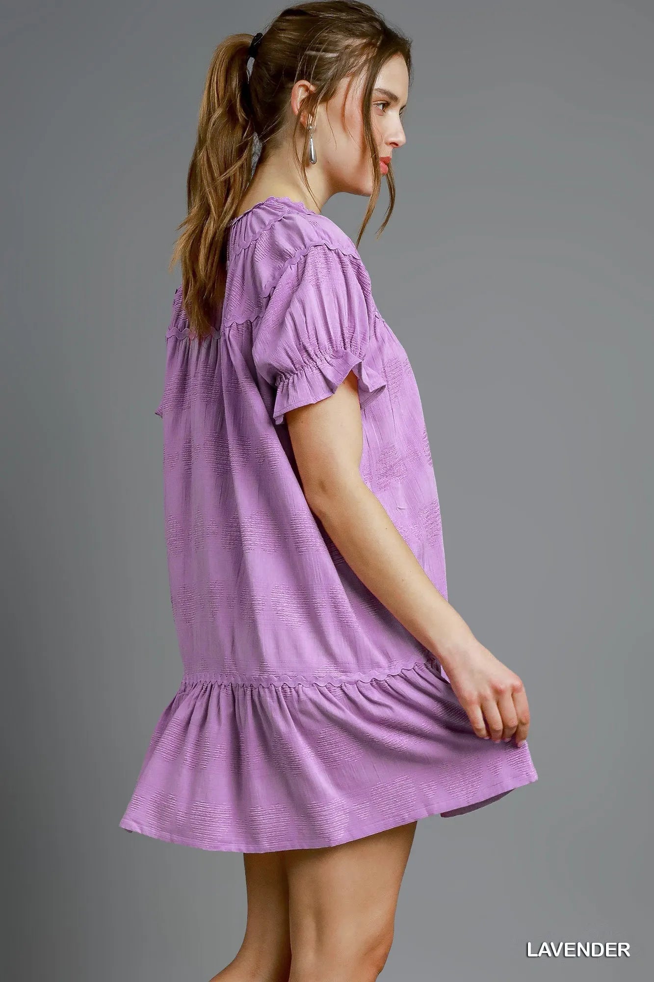 Umgee Heart Pattern Short Sleeve Ruffle Babydoll Dress - Alwesbo Fashion