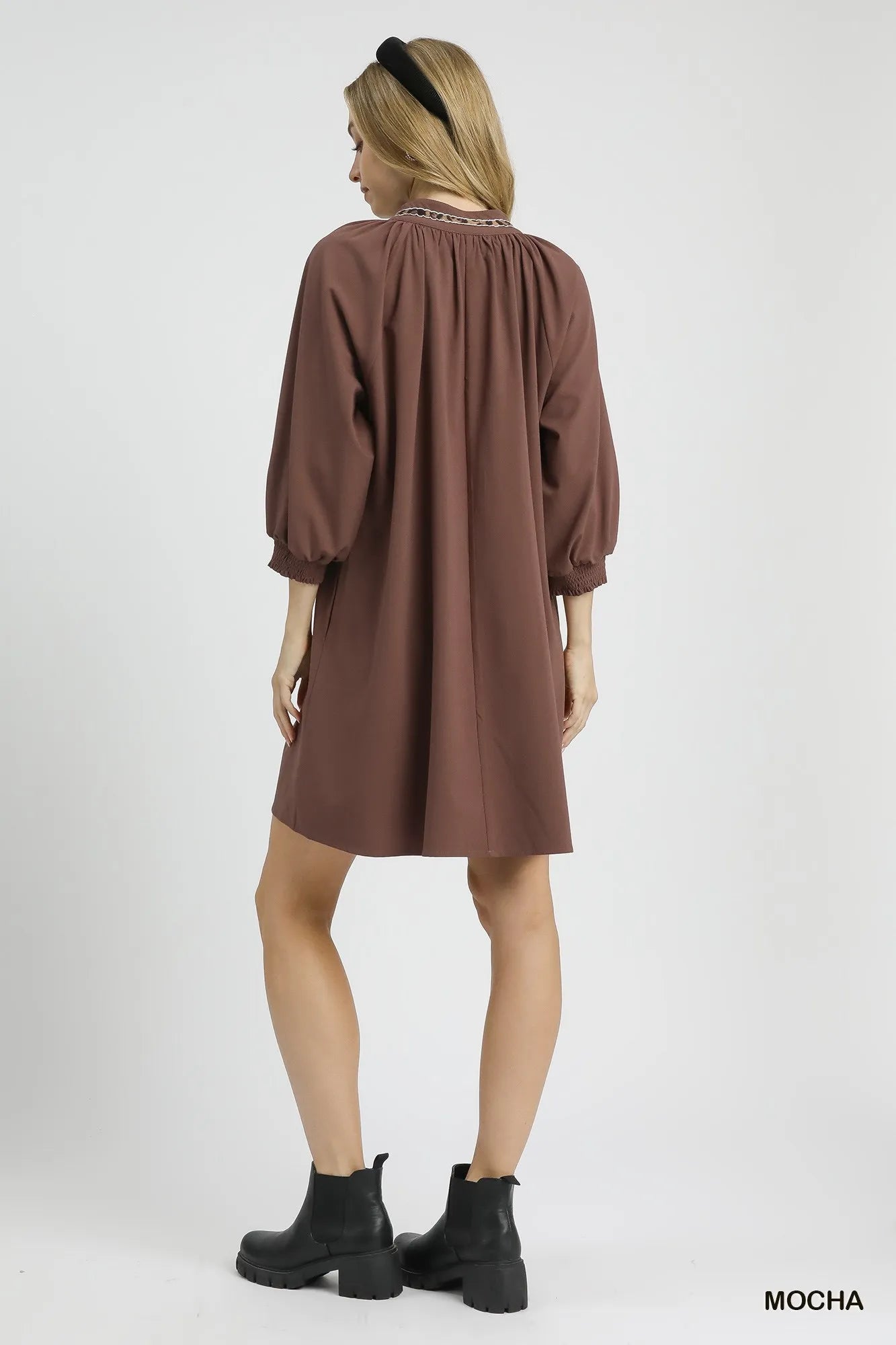 Umgee Notched Shift Dress with Trim Detail - Alwesbo Fashion