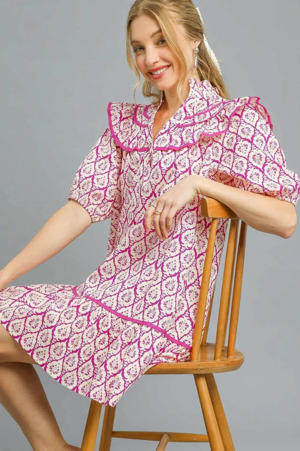 Umgee Ruffled Printed Puff Sleeve Mini Dress - Alwesbo Fashion