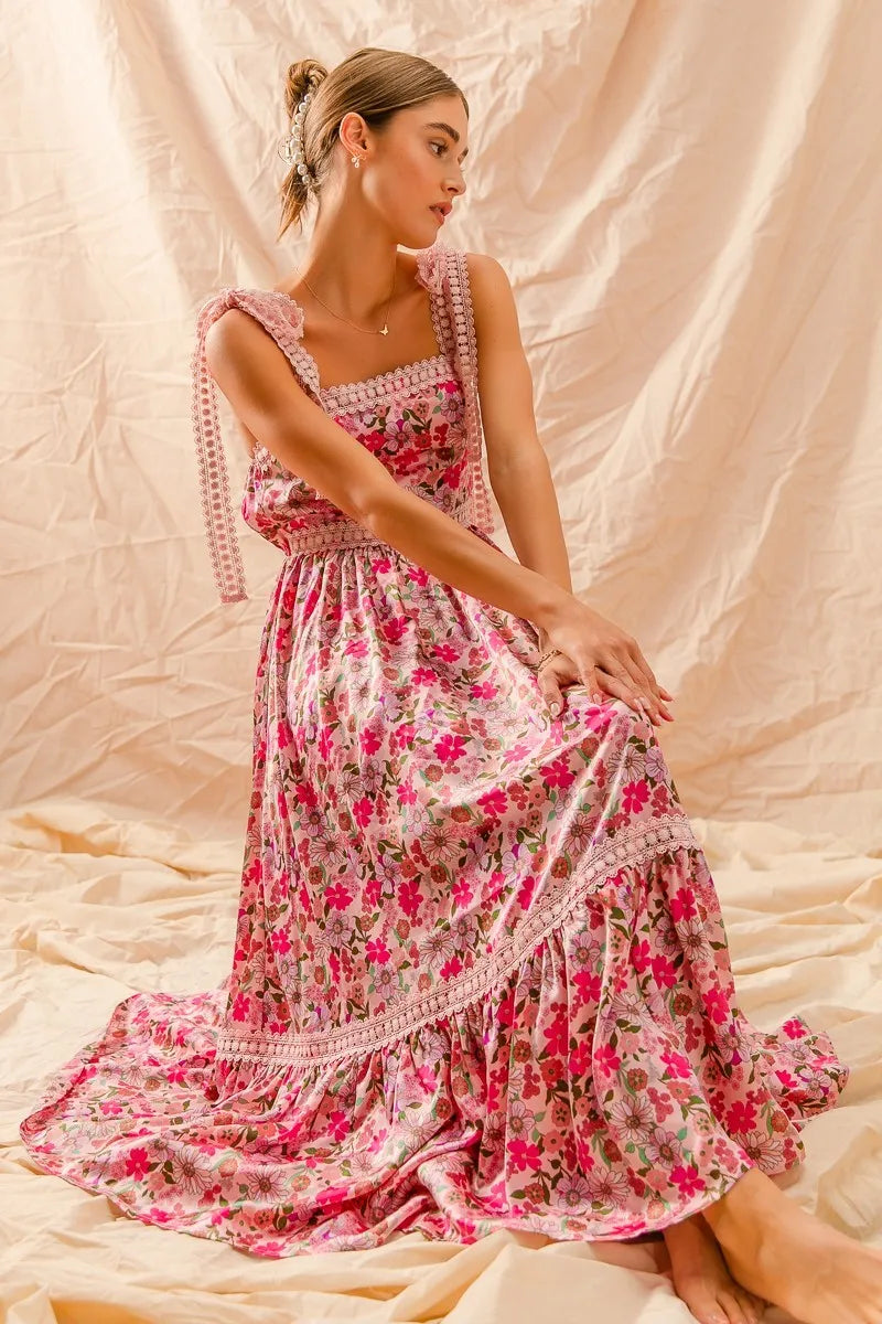 Floral Maxi Dress with Ribbon Tie and Lace Straps - Alwesbo Fashion