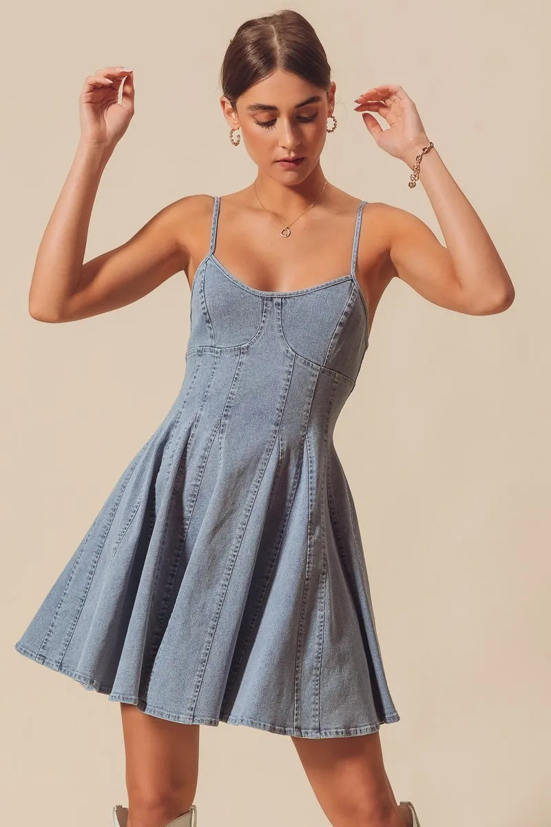 SO ME A Line Fit and Flare Denim Mini Dress - Alwesbo Fashion