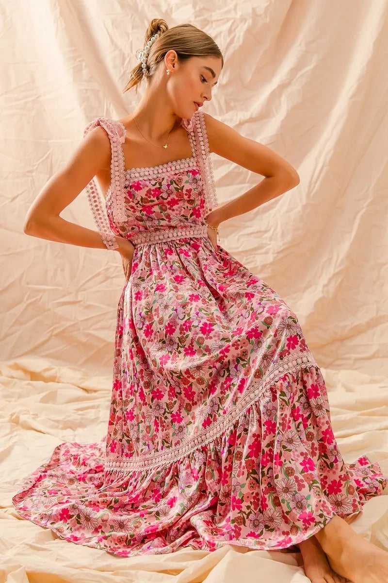 Floral Maxi Dress with Ribbon Tie and Lace Straps - Alwesbo Fashion