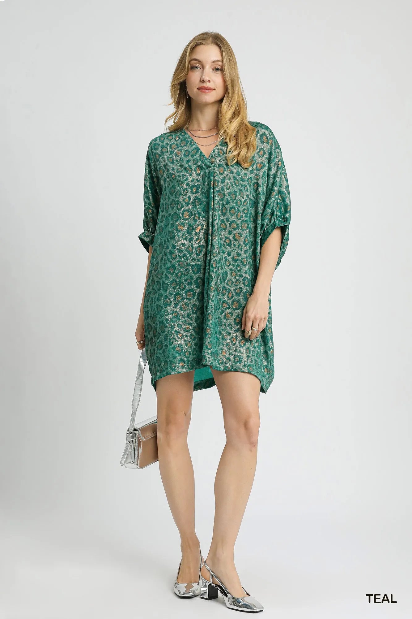 Umgee Metallic Leopard Print V-Neck Kimono Dress - Alwesbo Fashion