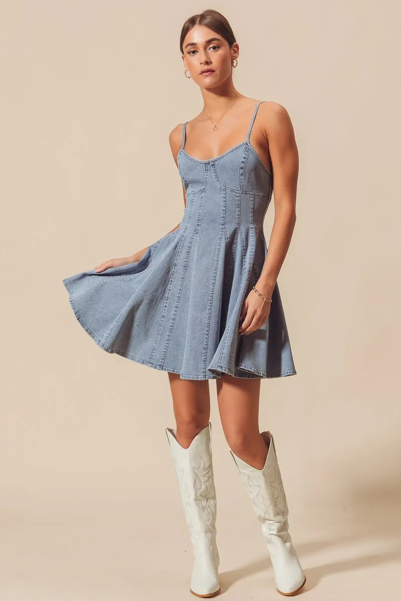 SO ME A Line Fit and Flare Denim Mini Dress - Alwesbo Fashion