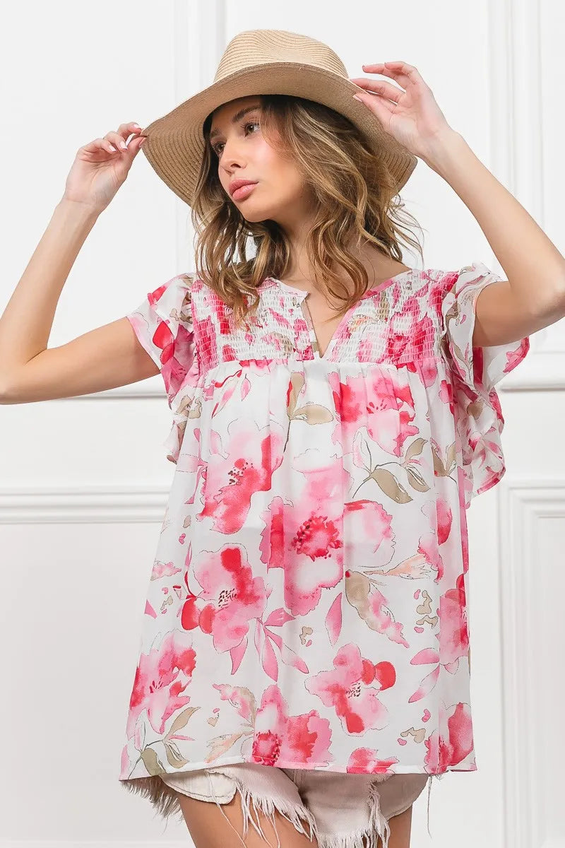 Floral Print Sheer Top with Flutter Sleeves - Alwesbo Fashion