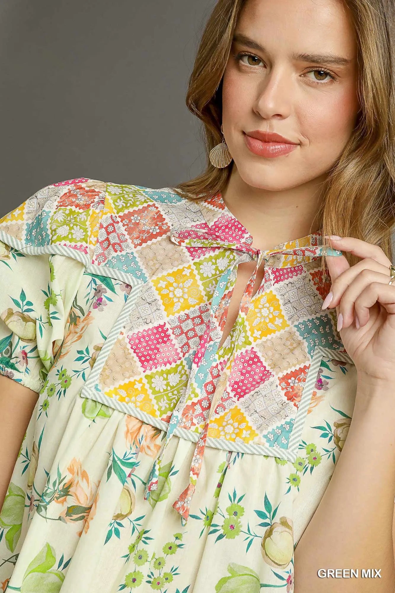 Floral Print Dress with Tie Neck and Puff Sleeves - Alwesbo Fashion