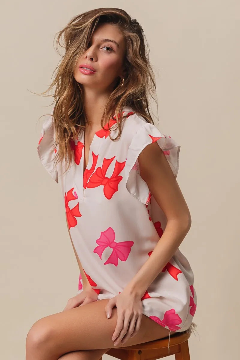 Bow Print Woven Top with Ruffled Sleeves and V Neck - Alwesbo Fashion