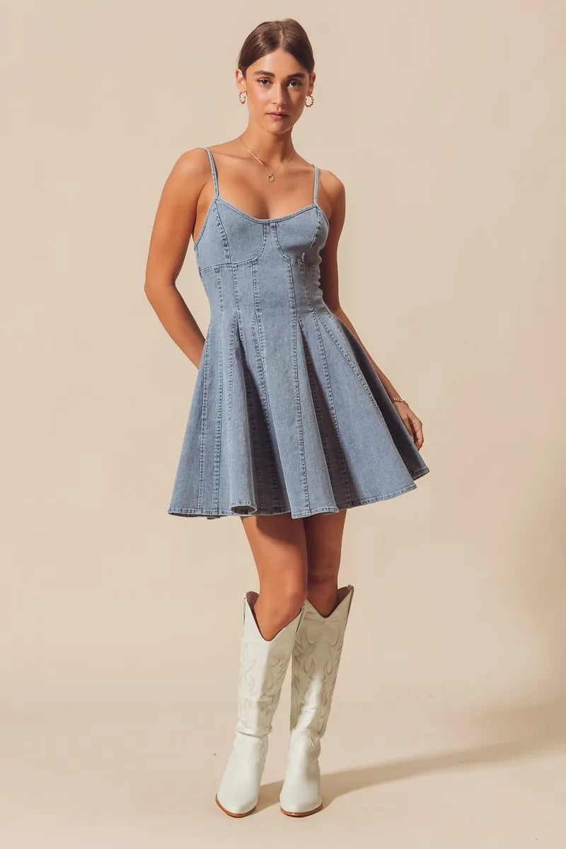SO ME A Line Fit and Flare Denim Mini Dress - Alwesbo Fashion