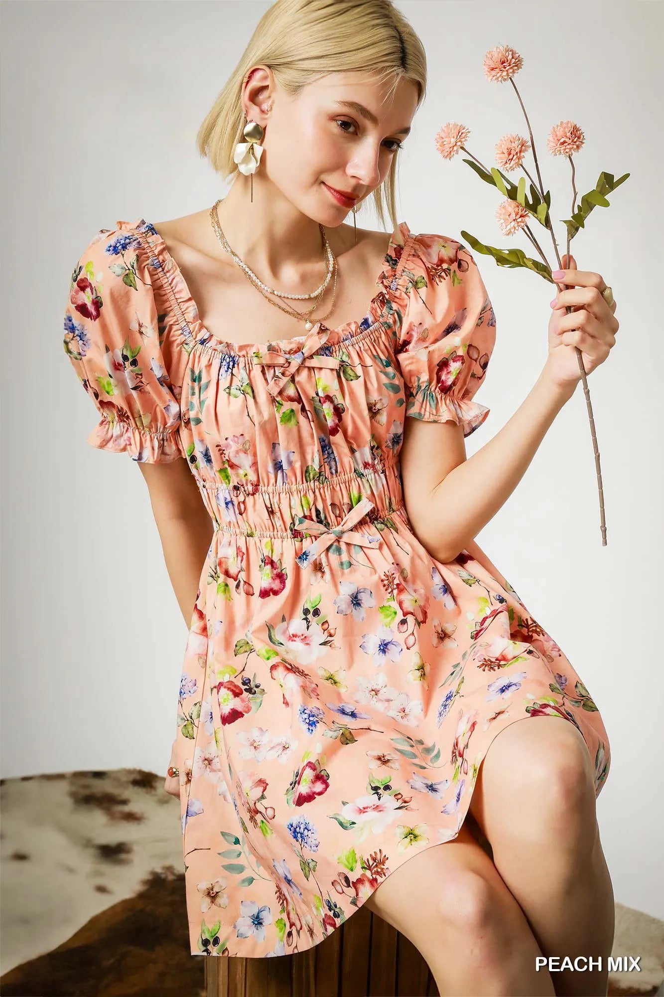 Umgee Floral Print Puff Sleeve Mini Dress - Alwesbo Fashion