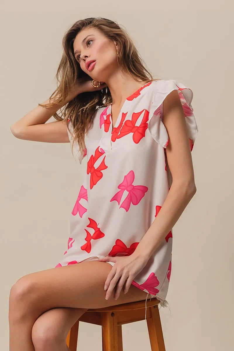 Bow Print Woven Top with Ruffled Sleeves and V Neck - Alwesbo Fashion