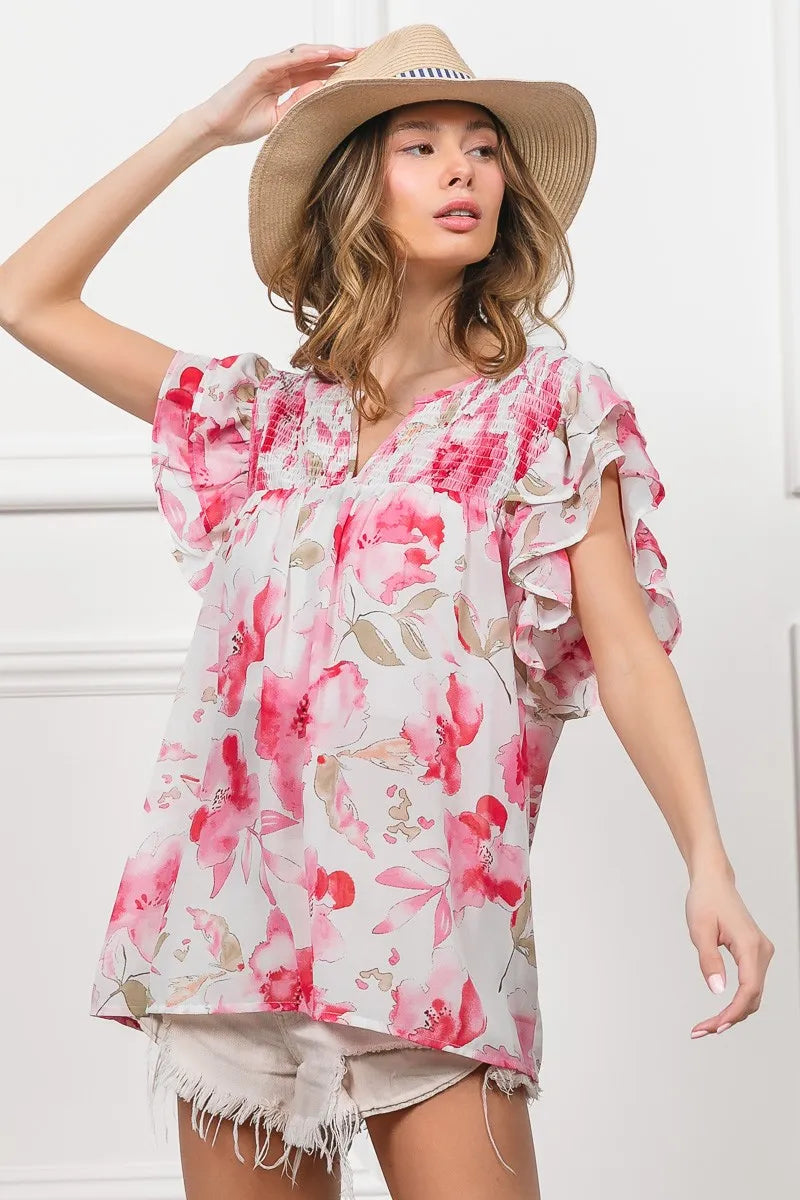 Floral Print Sheer Top with Flutter Sleeves - Alwesbo Fashion