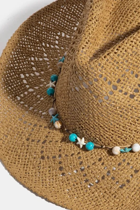 Western Straw Hat with Turquoise & Shell Star Bead Strap - Alwesbo Fashion