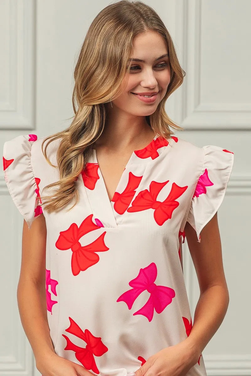 Bow Print Woven Top with Ruffled Sleeves and V Neck - Alwesbo Fashion