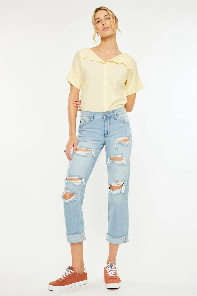 Kancan Mid Rise Distressed Boyfriend Jeans - Alwesbo Fashion