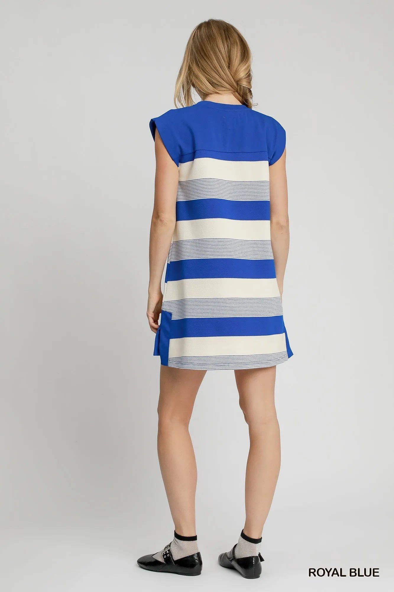 Striped French Terry Mini Dress with Side Slit - Alwesbo Fashion