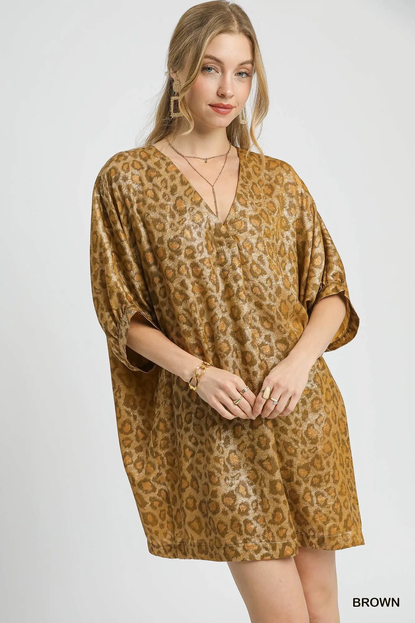 Umgee Metallic Leopard Print V-Neck Kimono Dress - Alwesbo Fashion