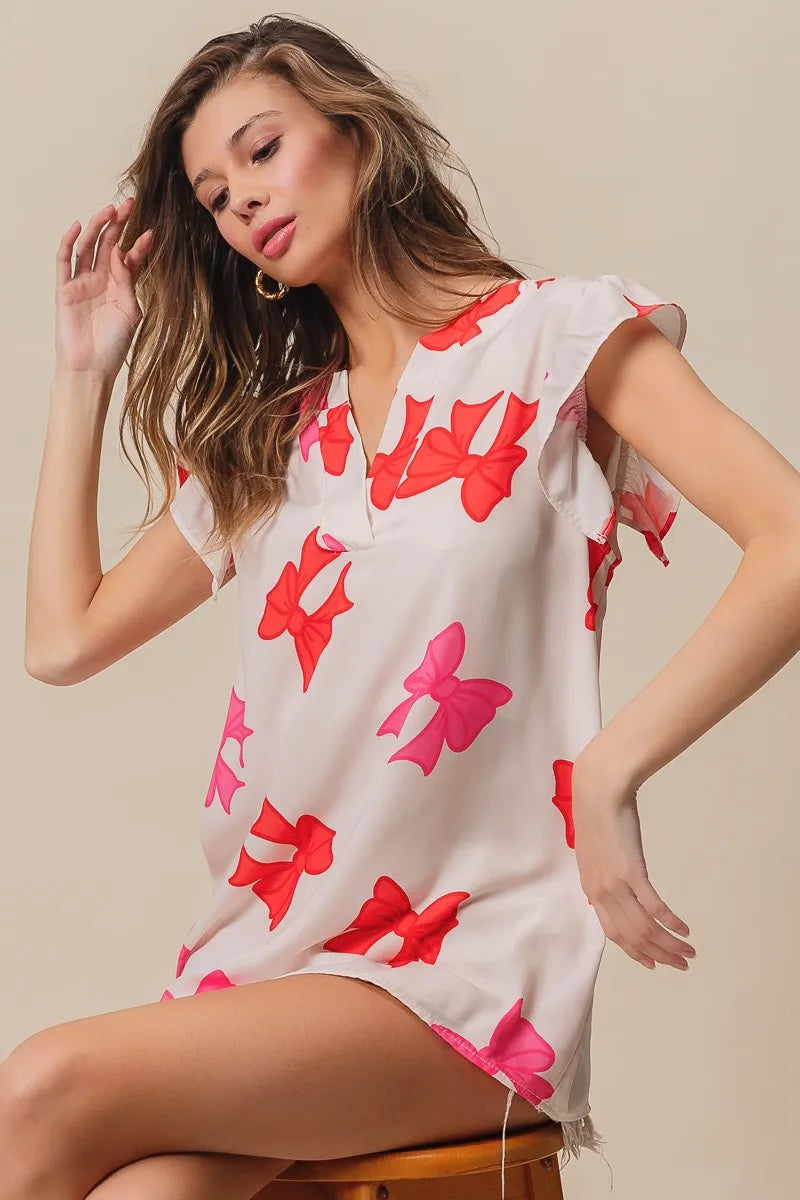 Bow Print Woven Top with Ruffled Sleeves and V Neck - Alwesbo Fashion