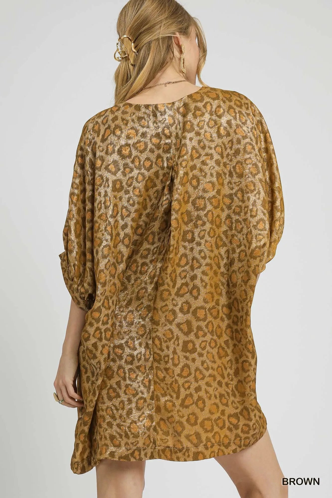 Umgee Metallic Leopard Print V-Neck Kimono Dress - Alwesbo Fashion