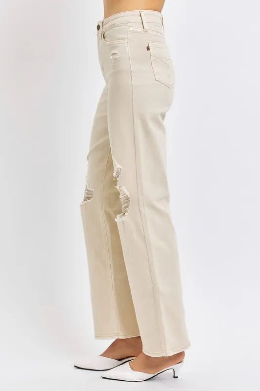 Judy Blue Full Size High Waist Distressed Wide Leg Jeans - Alwesbo Fashion