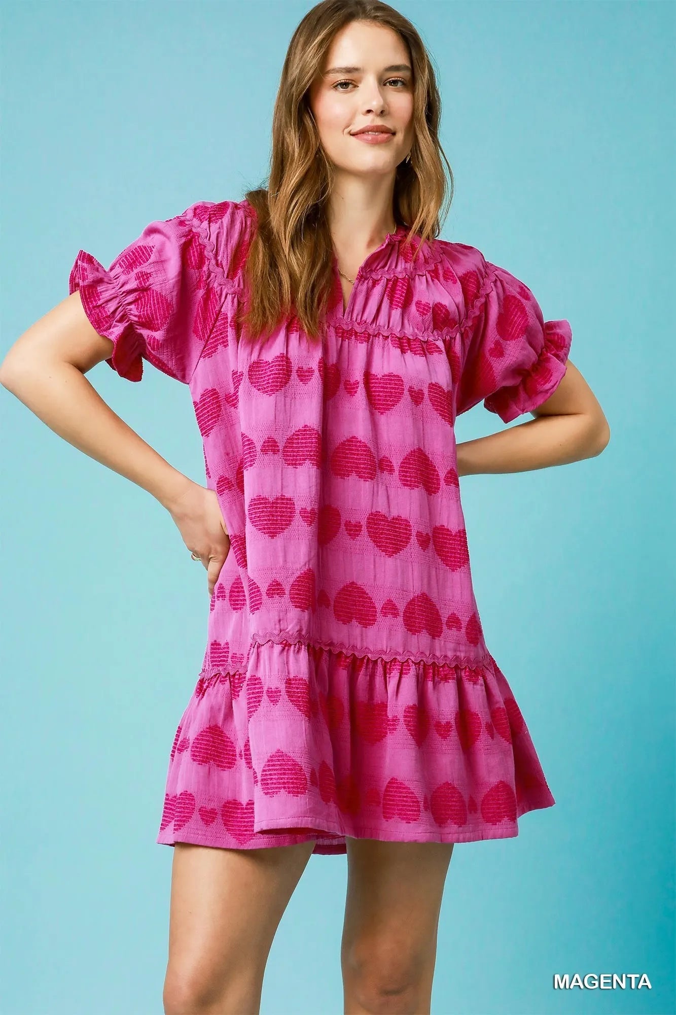 Umgee Heart Pattern Short Sleeve Ruffle Babydoll Dress - Alwesbo Fashion