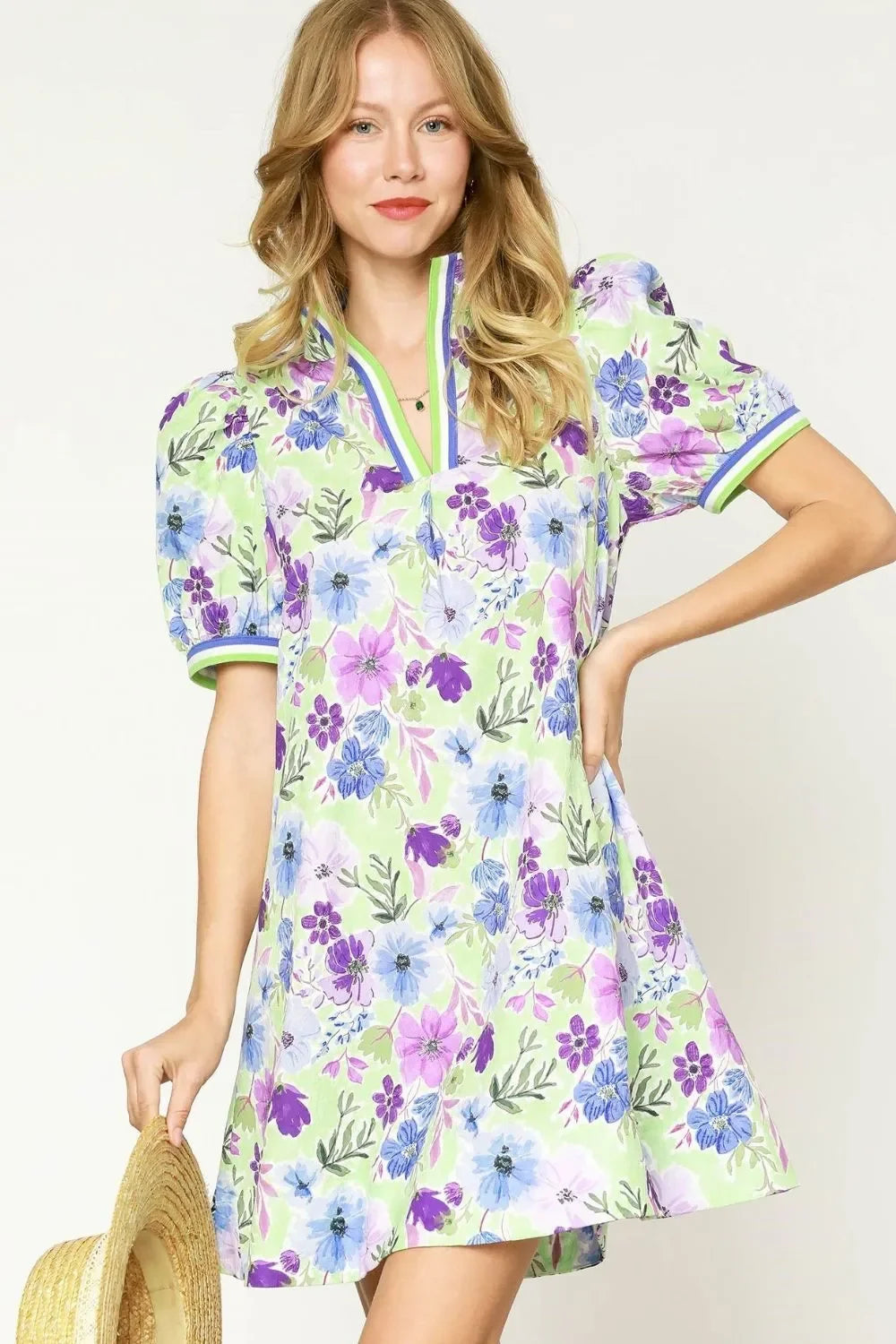 Umgee Floral Print Short Puff Sleeve Mini Dress / Light Green - Alwesbo Fashion
