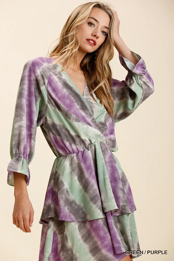 Tie Dye Ruffle Layered Dress with Stretch Waistband - Alwesbo Fashion