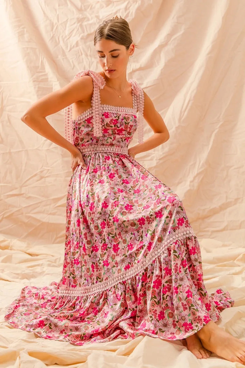 Floral Maxi Dress with Ribbon Tie and Lace Straps - Alwesbo Fashion