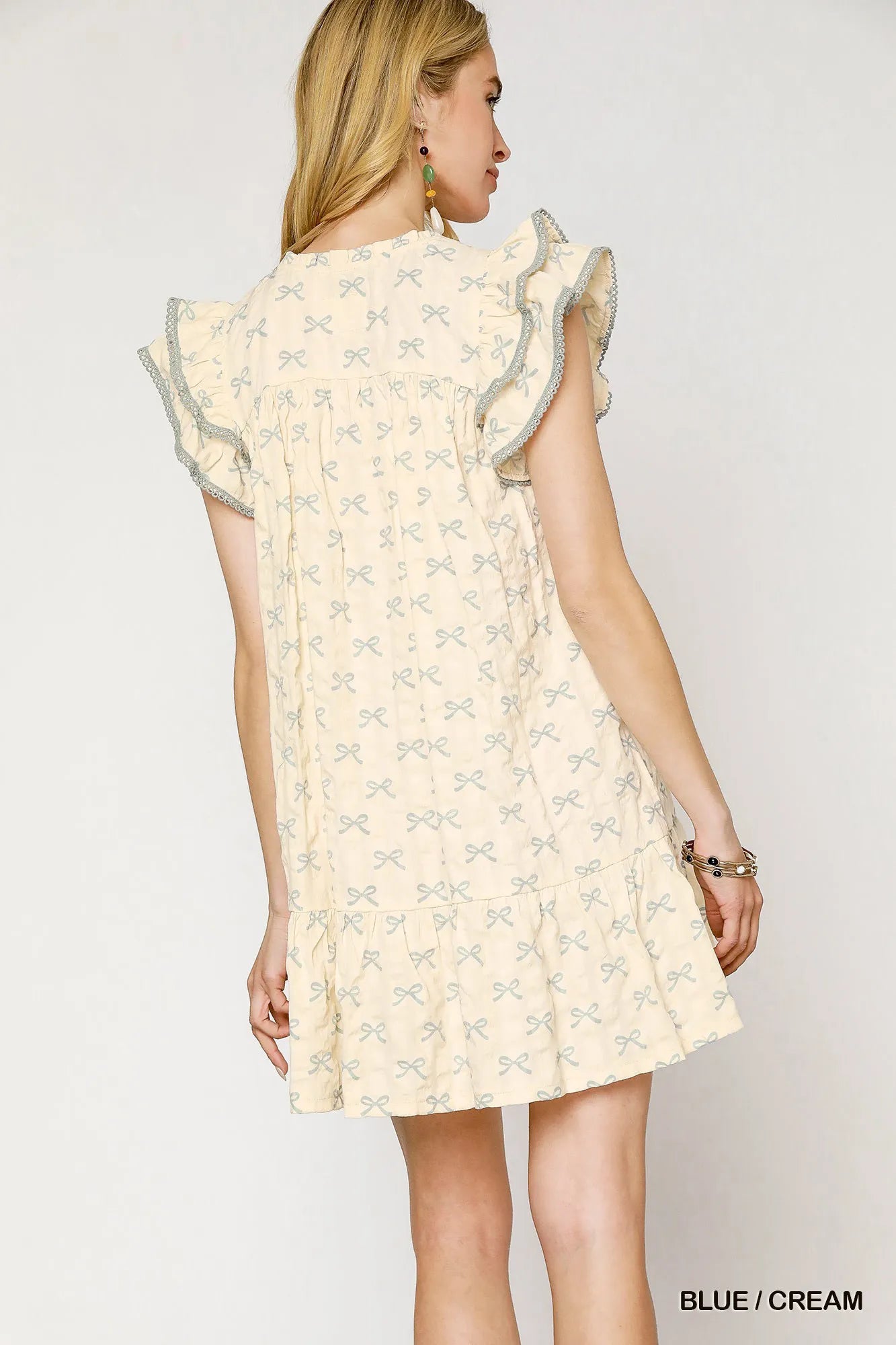 Bow Print Mini Dress with Ruffled Cap Sleeves - Alwesbo Fashion