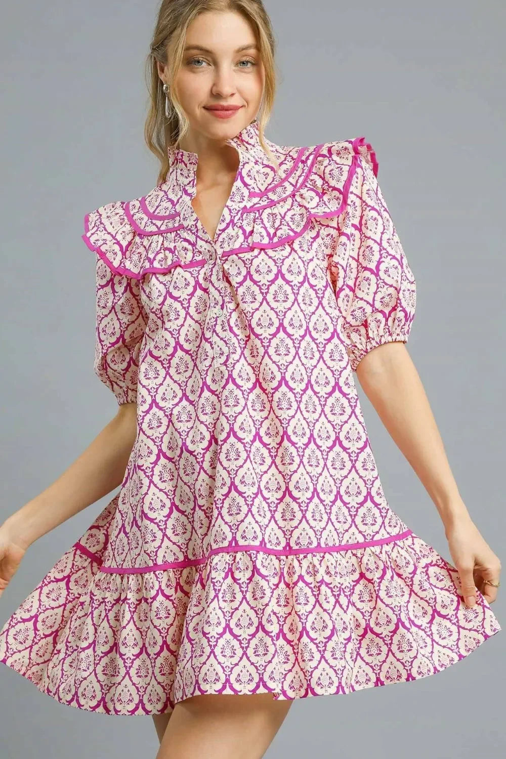 Umgee Ruffled Printed Puff Sleeve Mini Dress - Alwesbo Fashion