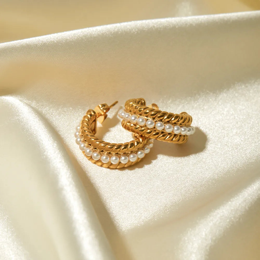 Stainless Steel Pearl C-Hoop Earrings - Alwesbo Fashion