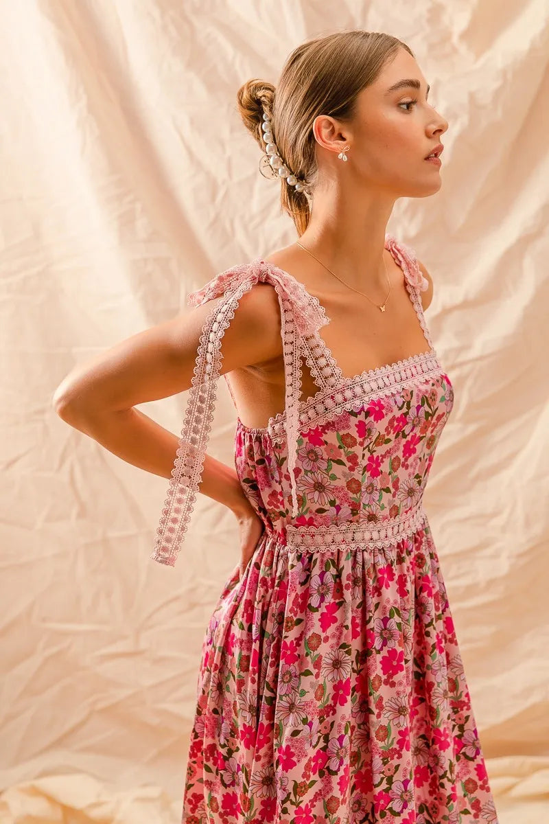 Floral Maxi Dress with Ribbon Tie and Lace Straps - Alwesbo Fashion