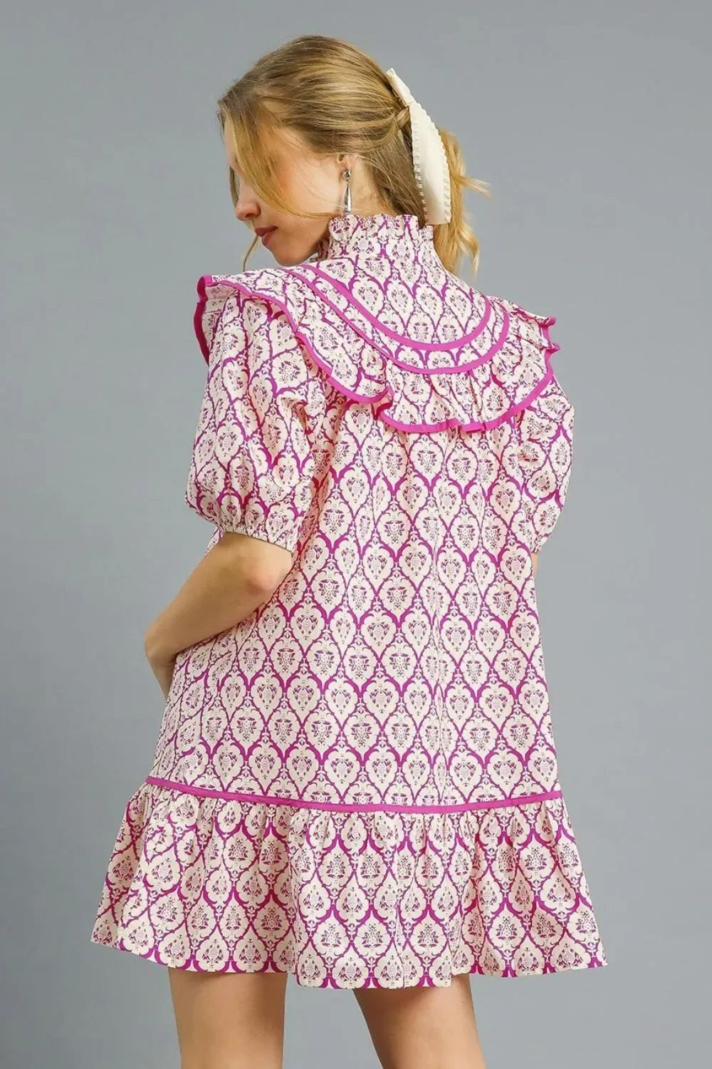 Umgee Ruffled Printed Puff Sleeve Mini Dress - Alwesbo Fashion