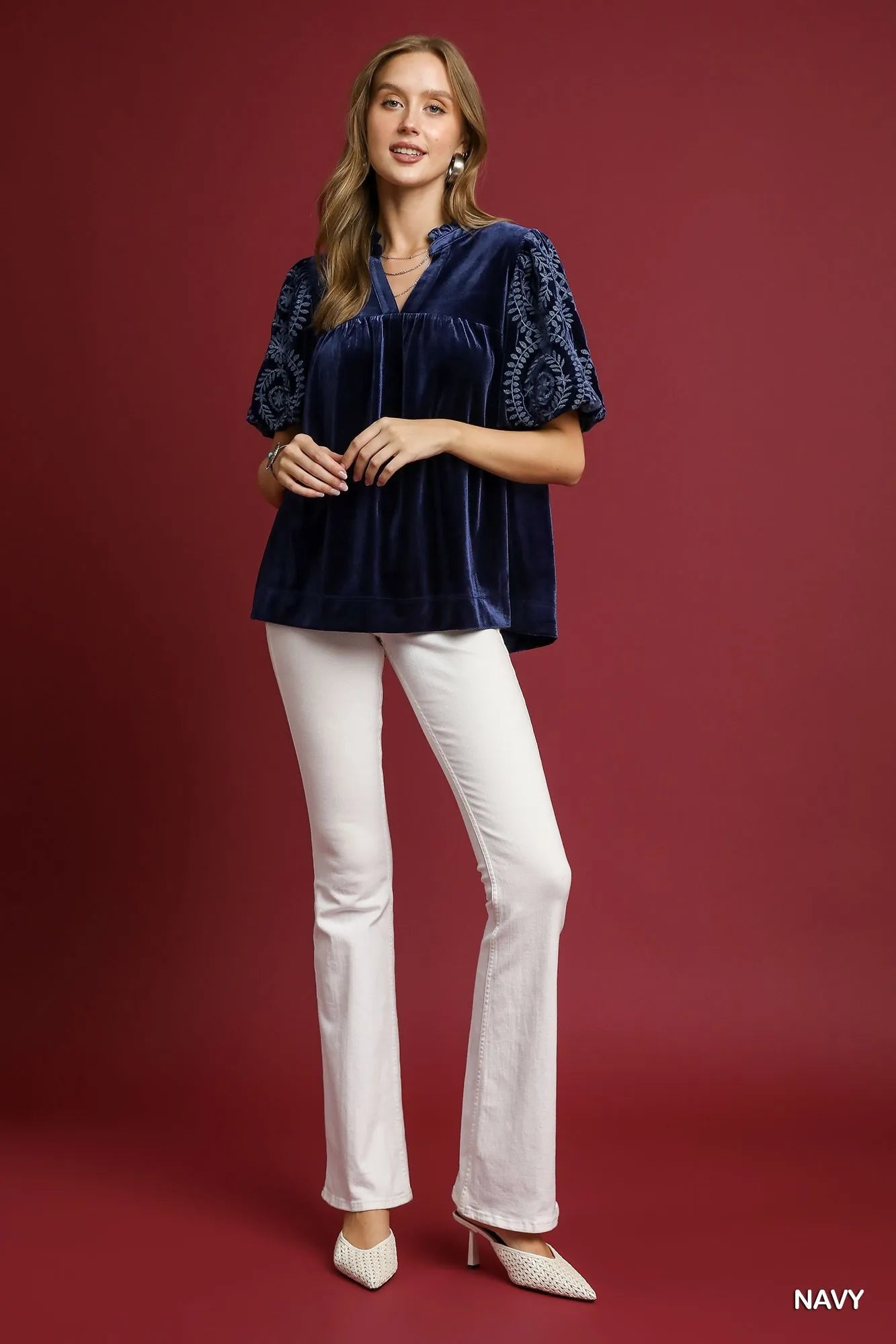 Soft Velvet Blouse for Plus Size Women with Sleeve Embroidery - Alwesbo Fashion