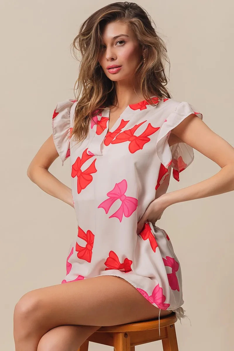 Bow Print Woven Top with Ruffled Sleeves and V Neck - Alwesbo Fashion
