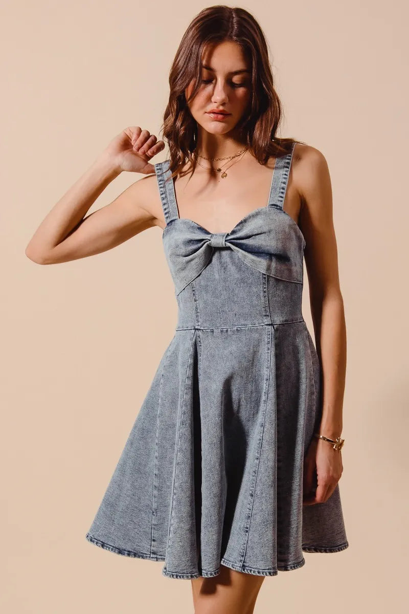 Mineral Washed Denim Flare Dress with Bow Ribbon Detail - Alwesbo Fashion