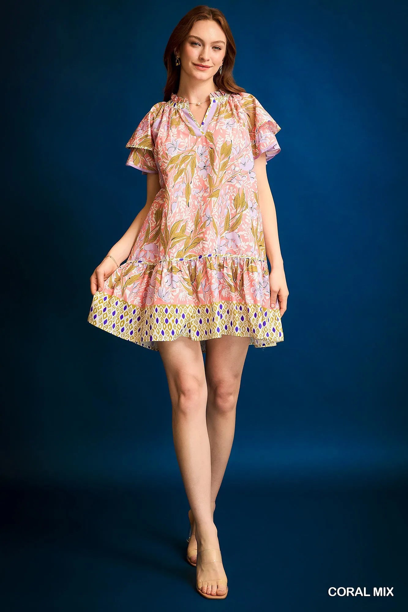 Floral Tunic Dress with Ruffle Sleeves - Alwesbo Fashion